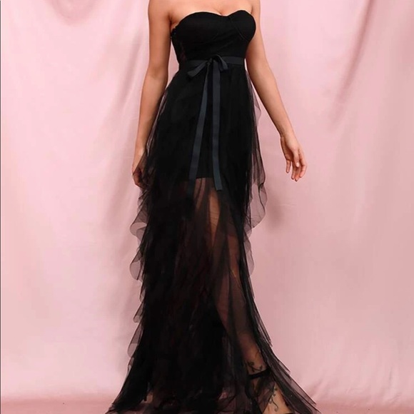 Black belted boho mesh ruffle maxi dress Wedding - Picture 6 of 6